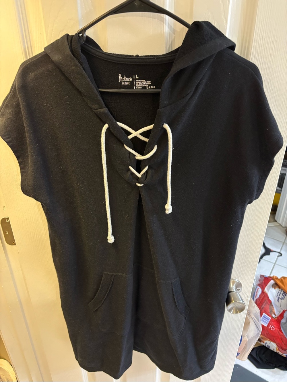 flirtitude Black Short-Sleeve Lace-Up Hoodie with White Drawstrings